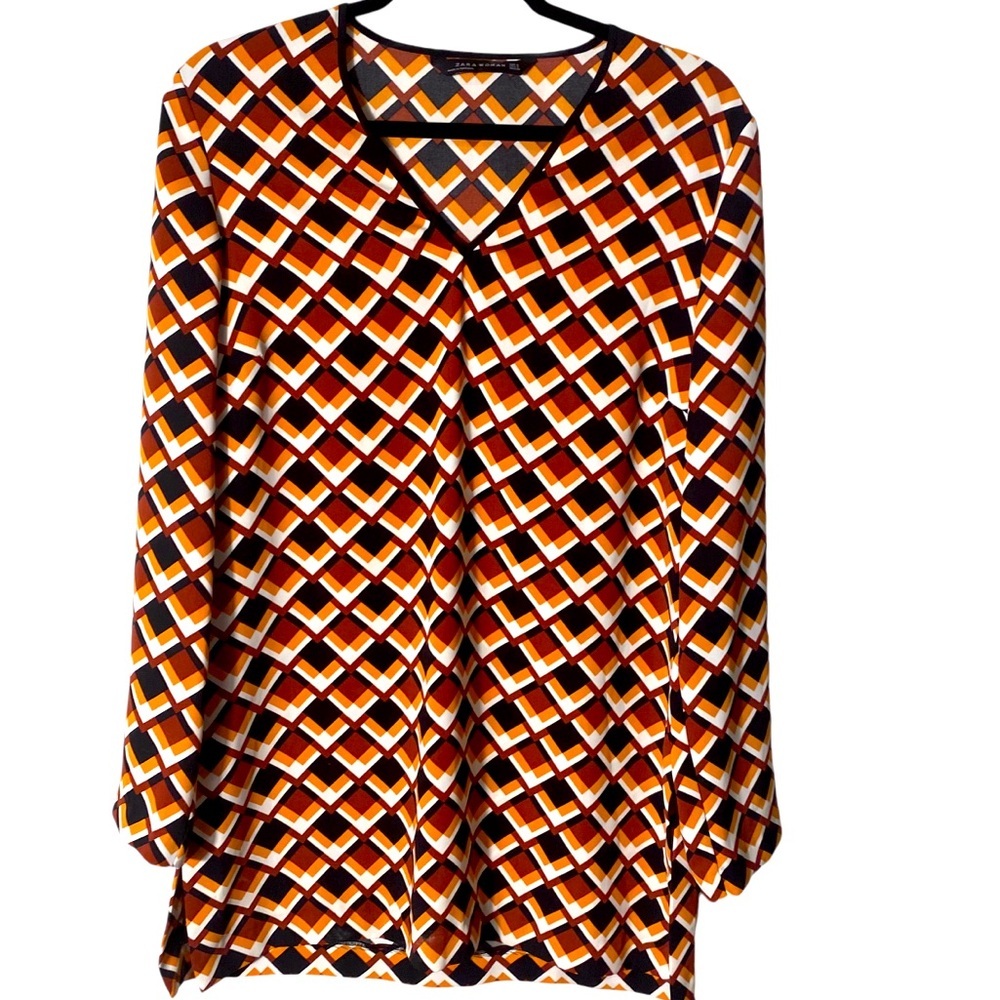 Zara Woman Geometric Optical Art Print V-Neck Long Sleeve Tunic Blouse